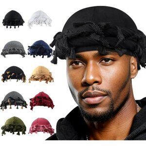 ⚡Men Women 1 Pcs- Black Satin Head Wraps Skull Cap Tassels Braid Beanie Turban